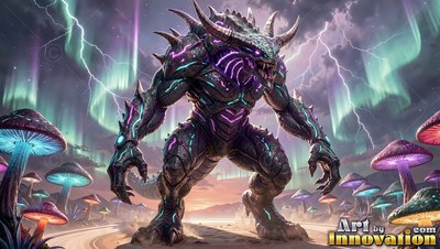 Snarling past giant mushrooms, a spiky horned beast walks under green northern lights