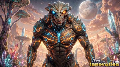 A scaly alien monster stands near crystals under a moonlit sky