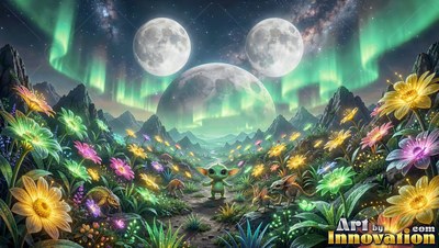 Wide pointed ears frame a tiny green creature on a path of bright flowers below three moons
