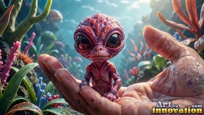 A tiny pink alien sits in an open human palm under soft sunlight filtering down