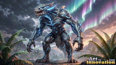 Standing crouched on a rocky path, a blue-veined monster under northern lights