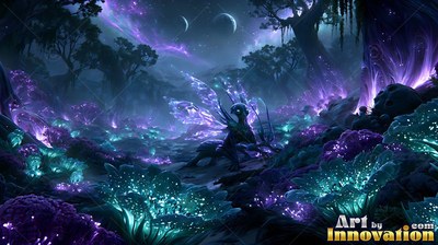 A winged insect rests on the ground of a dark forest filled with purple and blue plants