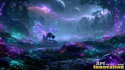 In a purple night forest under twin moons, a winged beast rests on a log
