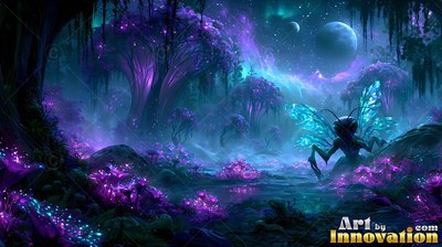 Crouching on dark rocks, a winged insect looks out across a purple forest under two moons