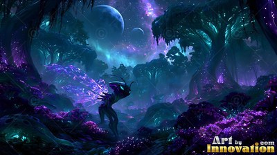 Winged insect creature walks in a purple alien forest under two moons