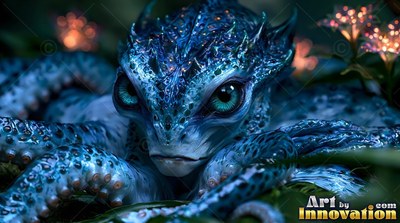 Large turquoise eyes stare out from a blue, tentacled sea creature resting in dark foliage