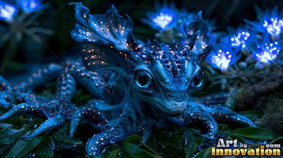 A small blue creature sits on dark leaves beside bright blue flowers
