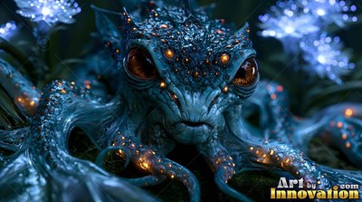 Facing forward in the dark forest, a blue octopus creature sits among pale flowers