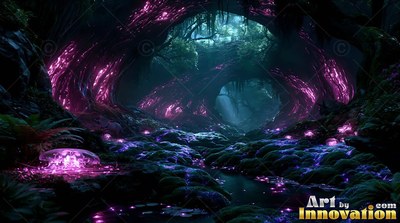 Bright purple fungi light up a dark mossy cave with tree tunnels