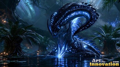 Rising from dark water, a scaled alien reptile shines with bright blue patterns