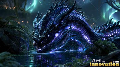 Dark blue sea serpent resting in water near jungle plants