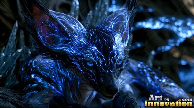 Lying down in dark ice, a black fox has bright blue lightning over its fur