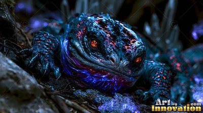 A dark reptile rests on the ground with bright red and blue scales on its throat