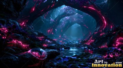 Arching over a dark creek , deep pink alien roots form a winding cave