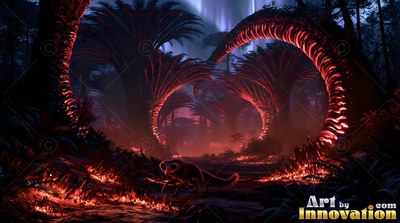 A small lizard crawls through curved red trees lit by soft pink ground light