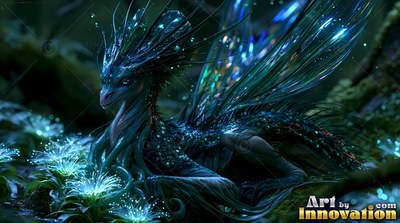 A blue feathered dragon rests among pale flowers in a dark forest