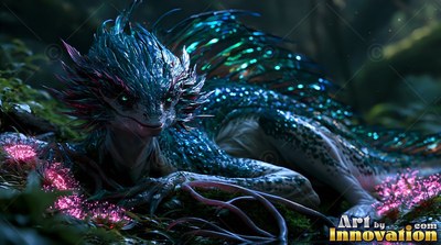Resting on the forest floor, a blue scaly reptile lies beside bright pink flowers