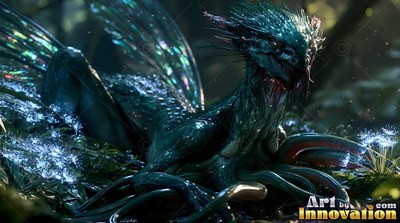 A teal winged creature rests on dark forest moss