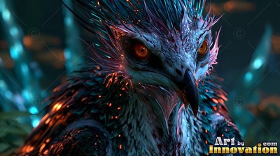 Orange eyes stare forward from a spiky bird creature resting in a dark forest