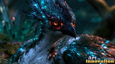 A crested bird peers forward with bright blue specks across dark feathers