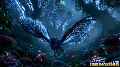 In a dark forest, a winged beast walks forward with bright blue wings spread wide