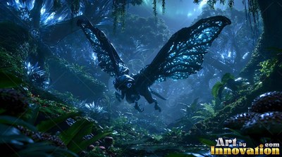 Winged beast flying in a dark blue jungle at night