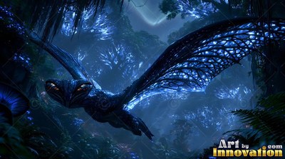 Lacy blue wings spread wide as a winged creature flies through a dark forest at night