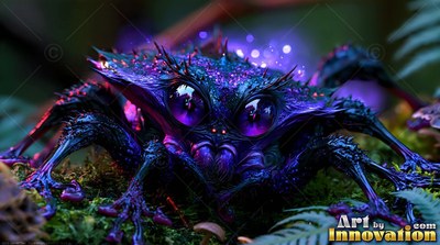 A spiky spider creature crouches on dark moss, shining with deep purple light