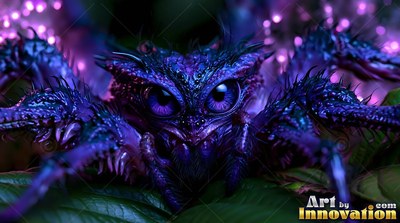 Crouched head-on on dark leaves, a purple spider with large bright eyes