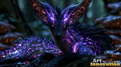 Resting on the dark ground, a fox with large ears shines with bright purple patterns