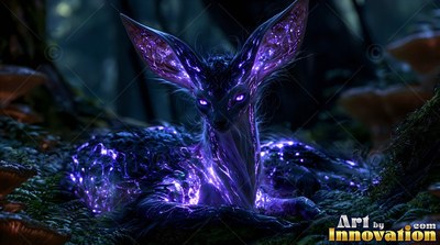 A deer-like creature with purple ears resting in dark woods