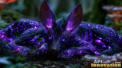 Bright purple markings cover a black fox resting on the damp forest floor near mushrooms