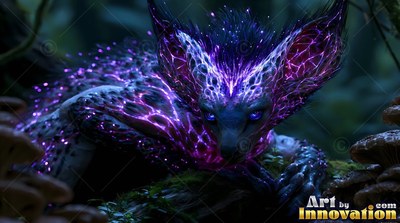 A horned beast crouches in the dark forest with bright purple veins shine across its fur