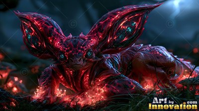 Crouching low in dark woods, a red horned creature rests on mossy ground