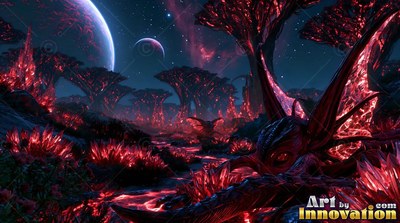 Red crystal trees and plants across a dark world with two moons