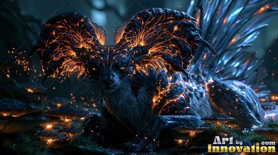 A horned beast rests on dark moss with fiery orange cracks and blue crystal quills