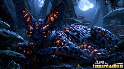 Lying in a dark forest, a spotted blue cat rests under two moons with bright orange markings