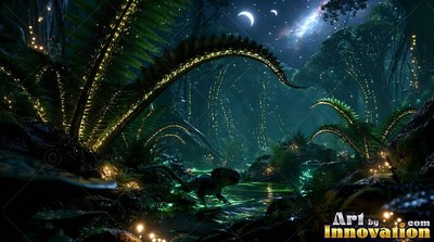 A small creature walks through a dark fern forest lit by green sparks and twin crescent moons