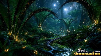 Curling low across a night forest, spiny fern plants line a creek under bright stars