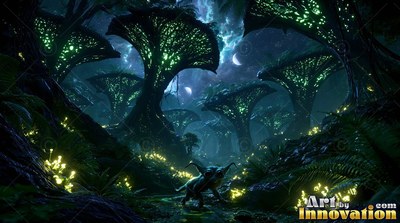 A small horned creature walks through a dark forest beneath giant green trees