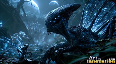 Resting on rocks under twin moons, a winged alien creature looks down at an insect