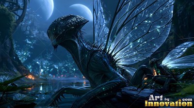 A dark insect creature with clear wings sits by water under two moons