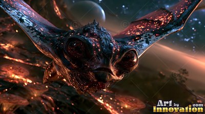 A winged creature glides forward with speckled red light shining across dark skin