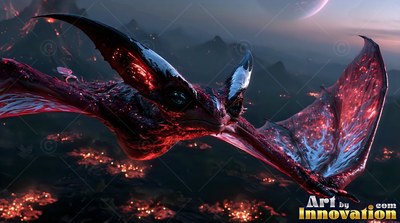 Gliding forward, a red winged creature flies over dark volcanic hills
