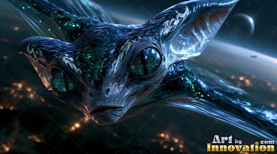 In dark space, a winged blue creature flies above a lit planet