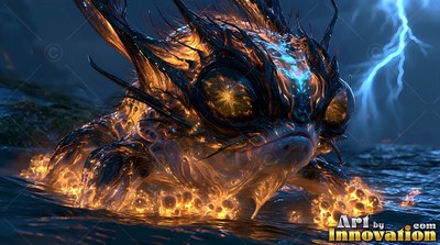 Crouching in dark water, a horned fiery frog faces blue lightning