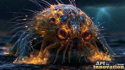 A spiky alien bug with bright orange eyes creeps over dark rock