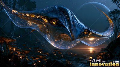 Gliding forward, a glassy manta ray flies over dark alien mushrooms at dusk