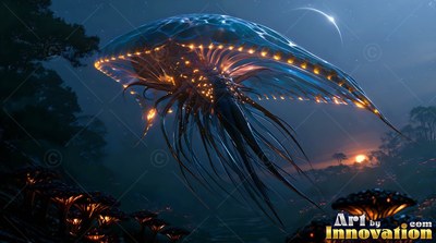 A lit blue jellyfish floats in the dark night sky over strange plants