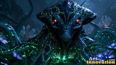 Four orange eyes shine from an octopus-like alien creature in a dark forest surrounded by purple flowers